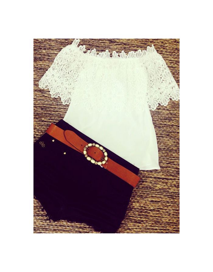 Fashion White Lace Stitching Chiffon Short Sleeve Off Shoulder T-shirt